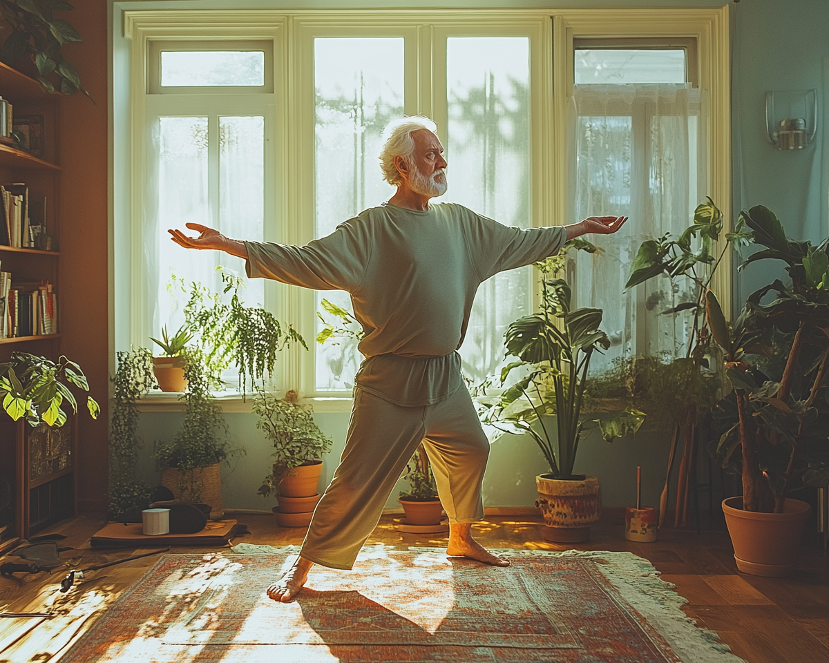 Старші люди займаються йогою з цифровими технологіями